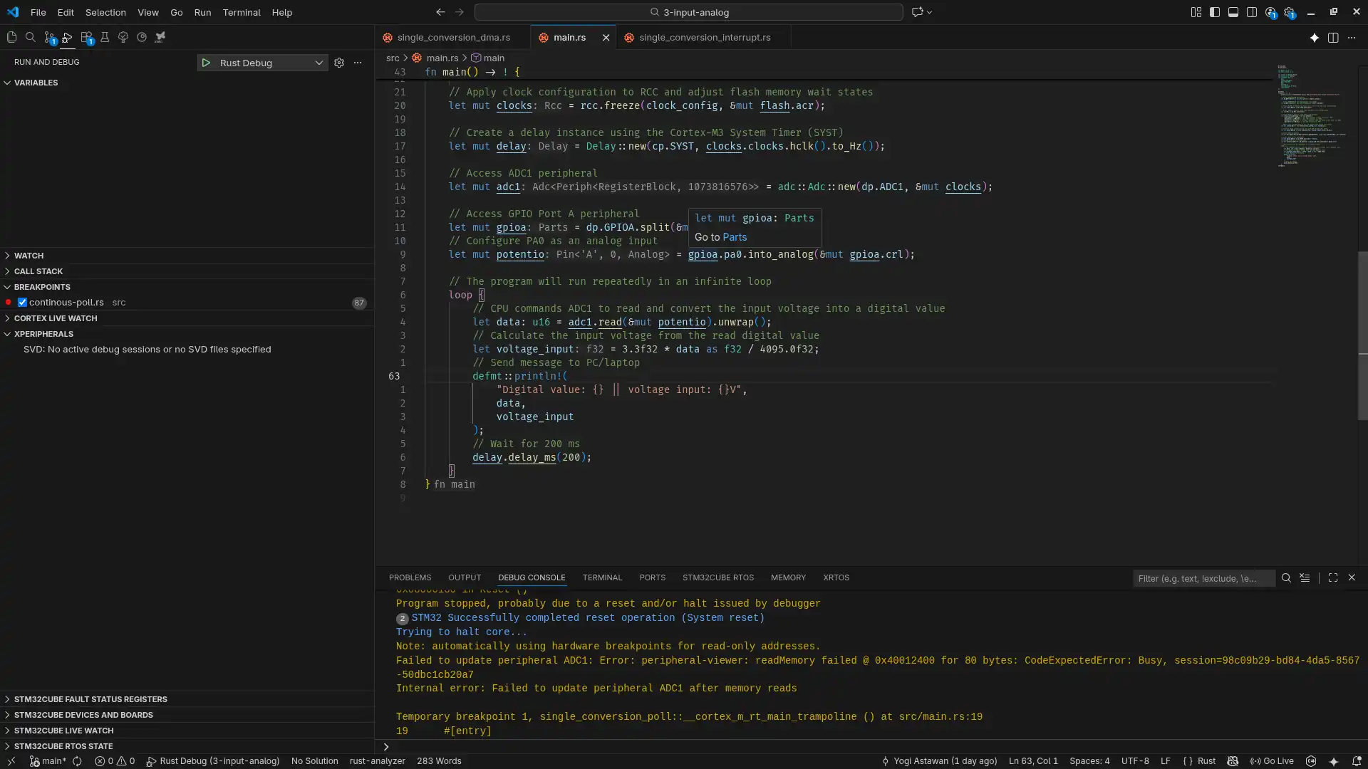 Tampilan debugging STM32F103C8 di VSCode
