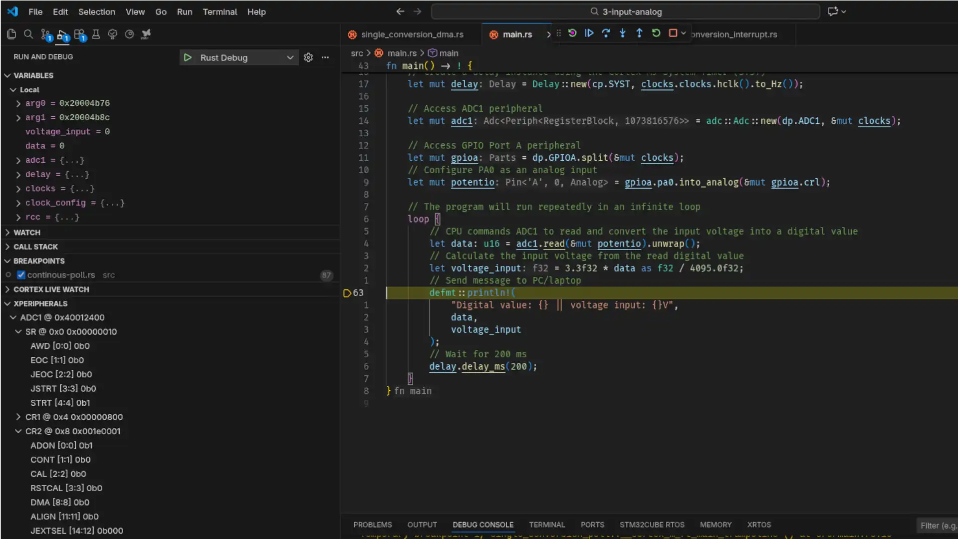 Tampilan sidebar variabel dan register STM32F103C8 di VSCode